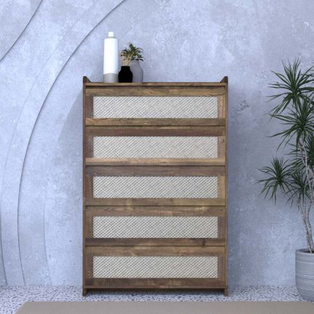 Cassettone in rovere americano marrone rustico intrecciato in rattan con cinque cassetti